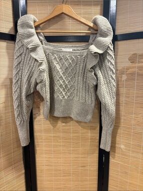 H&M Cream Off-the-Shoulder Cable Knit Sweater with Ruffle Detail